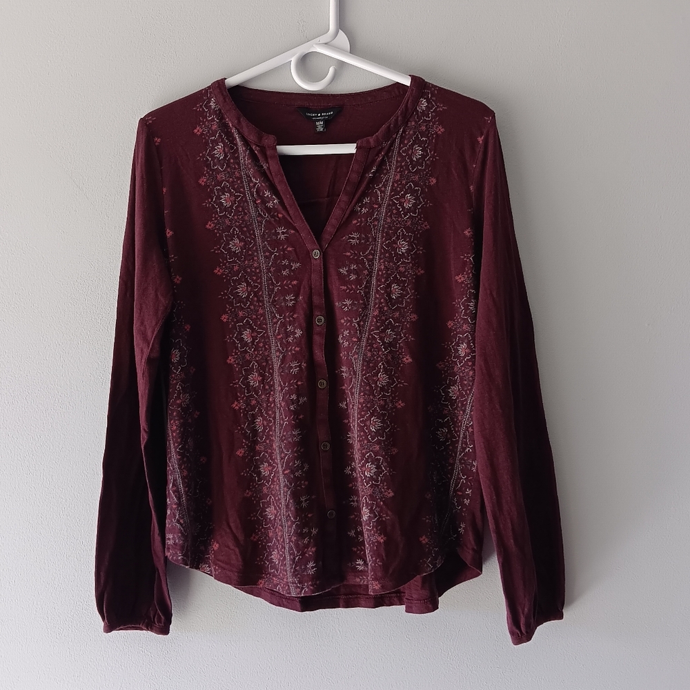 Lucky Brand Long-Sleeved Cotton Blend V-Neck Shirt Floral Purple White Medium - Picture 14 of 14